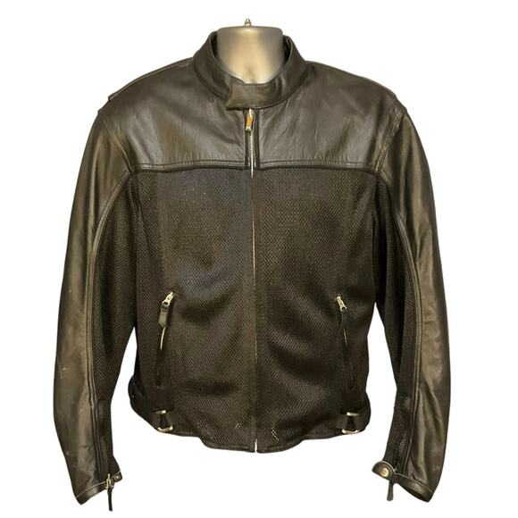 Power Trip Black Leather Full Zip Motorcycle Jacket with Padding Size M